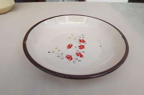 Vintage cream enamel plate with floral design inside.Diameter 22cm.Depth 4.2cm.Still in good conditi