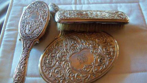 Antique Set of 3 - dressing table set - handmirror, hairbrush and clothing brush - silver pla