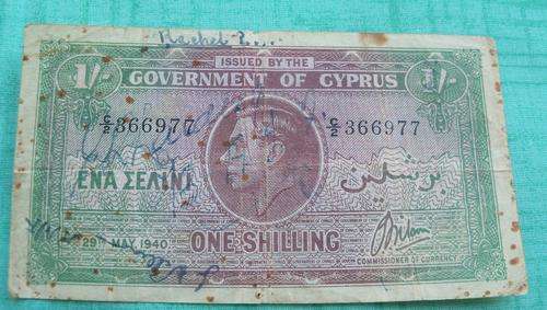 One Shilling Note from Cyprus 29 May 1940 with Grafitti