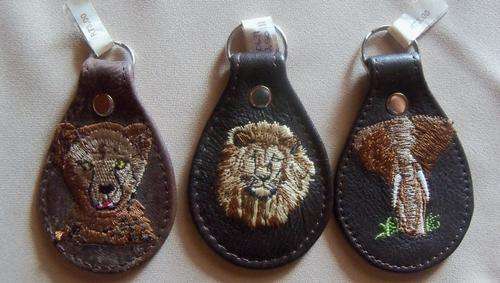 3 x Embroidered leather Keyrings - Lion,Tiger & Elephant