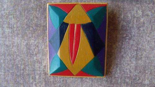 Handmade carved & painted wooden brooch