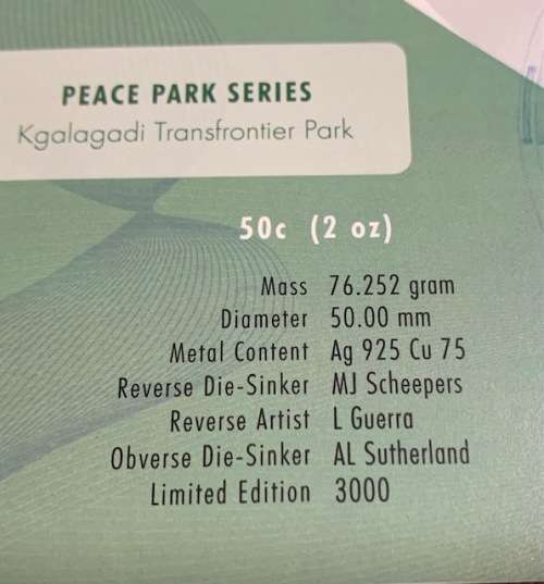 Two Ounce silver 50 Cents Kgalagadi Transfrontier Peace Park Mintage number 159 original box and coa