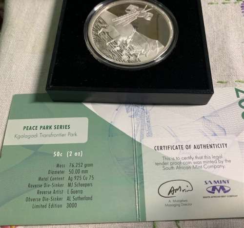 Two Ounce silver 50 Cents Kgalagadi Transfrontier Peace Park Mintage number 159 original box and coa