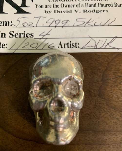 5oz hand poured .999 pure silver Skull custom made in the USA with COA. Unique