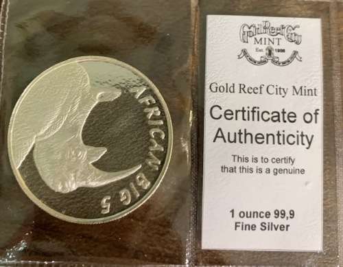 African Big 5 Rhino PROOF with COA 1oz .999 silver medallion
