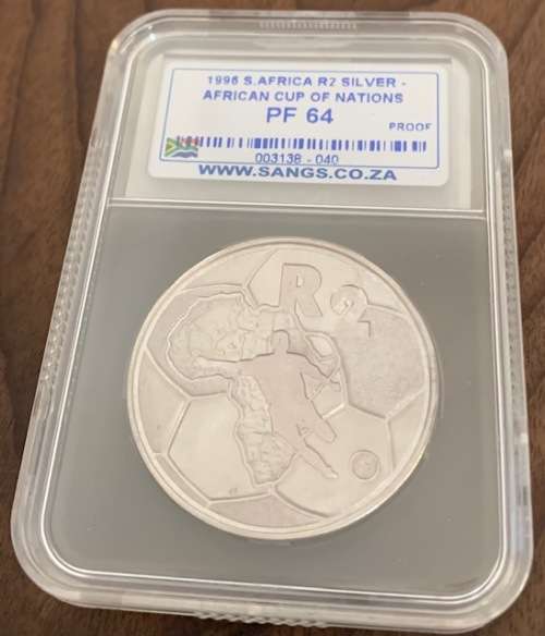 1995 1oz silver content SANGS certified slabbed proof 2 Rand African Cup of Nations