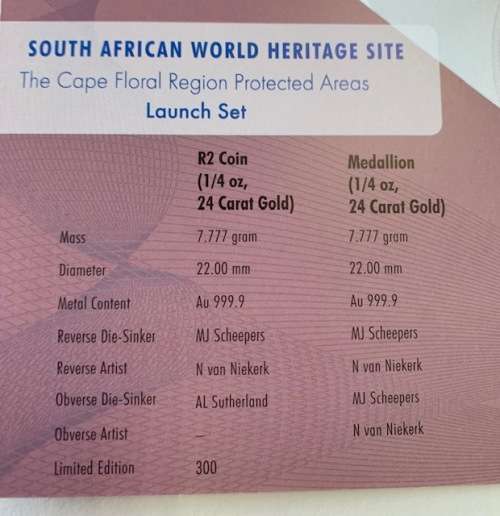 Ultra rare set of TWO 1/4oz PROOF 24ct GOLD 2007 Cape Floral Region World Heritage Launch