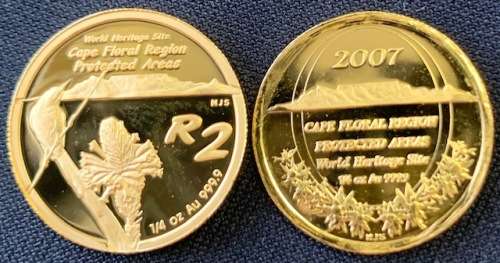 Ultra rare set of TWO 1/4oz PROOF 24ct GOLD 2007 Cape Floral Region World Heritage Launch