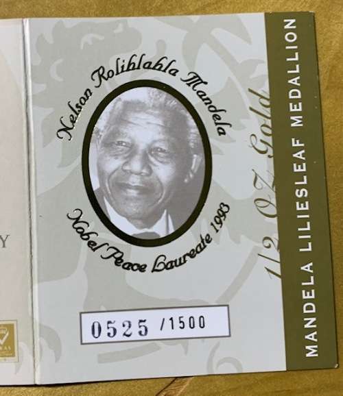 2012 Very rare Mandela Lilliesleaf half ounce .999 Proof gold coin, special box, cd, COA 525