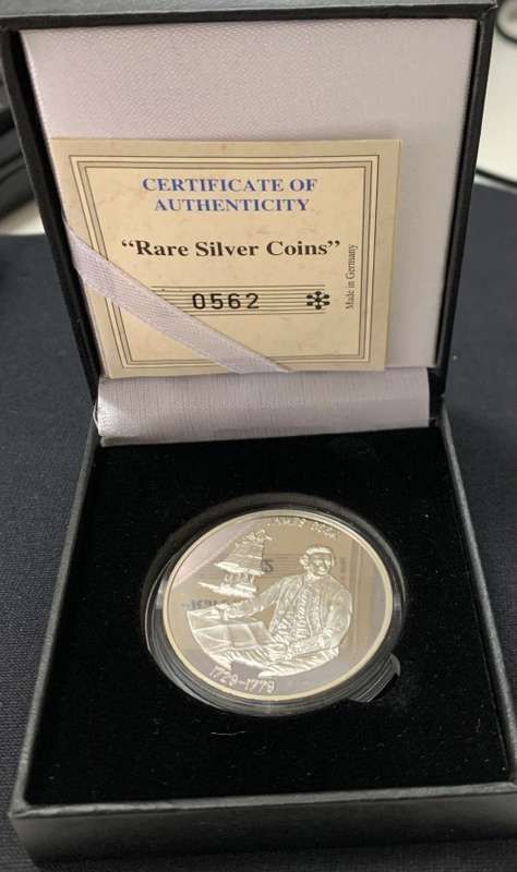 1999 James Cook Proof Silver coin very limited mintage box, COA, Liberia