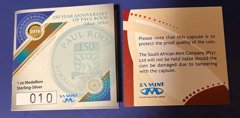 2016 Paul Roos 150th anniversary Proof 1oz 925 R2 Silver medal (brand new) 2 available 2016 minted