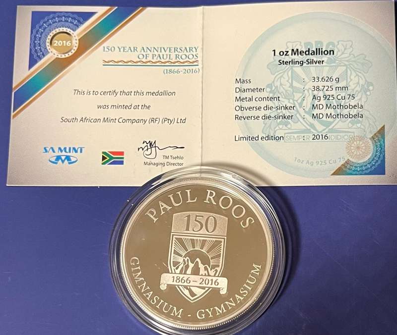 2016 Paul Roos 150th anniversary Proof 1oz 925 R2 Silver medal (brand new) 2 available 2016 minted
