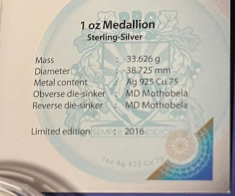 2016 Paul Roos 150th anniversary Proof 1oz 925 R2 Silver medal (brand new) 2 available 2016 minted