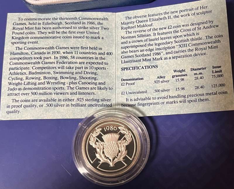 1986 XIII Common Wealth Games Silver Proof Two Pound Coin with COA