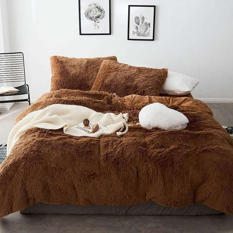 Luxurious Furry Shag 5 Piece Queen Duvet Cover Set