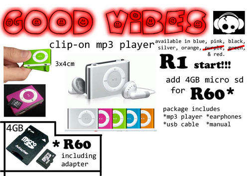 !!!Metal clip on mp3 player including accessories R1 start!!! Why wait, stock in SA!