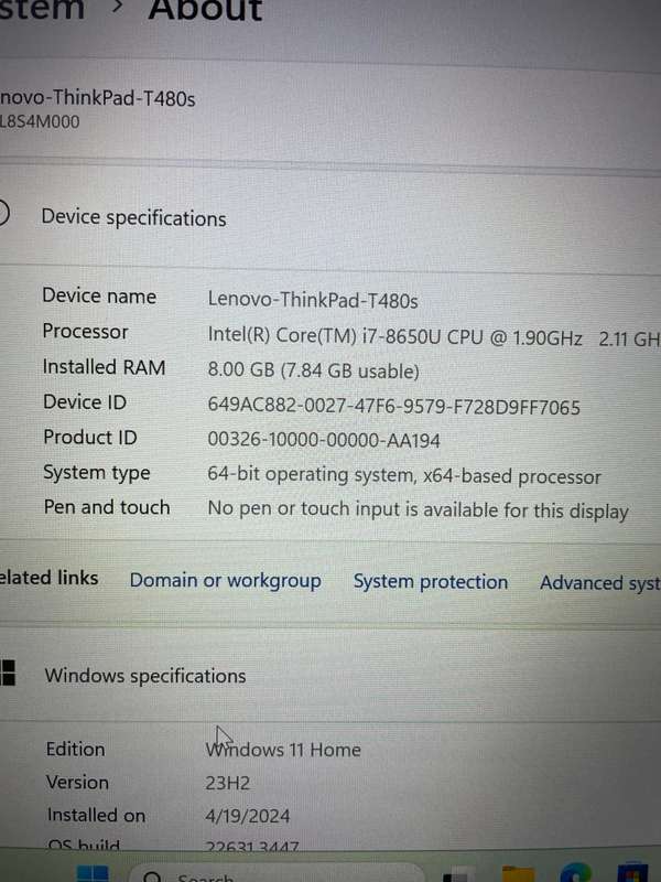 Lenovo T480s 8th Gen i7, 8GB RAM, 256SSD