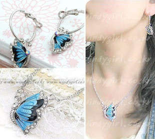 2PCS BLUE BUTERFLY NECLACE AND EARRING NECLACE