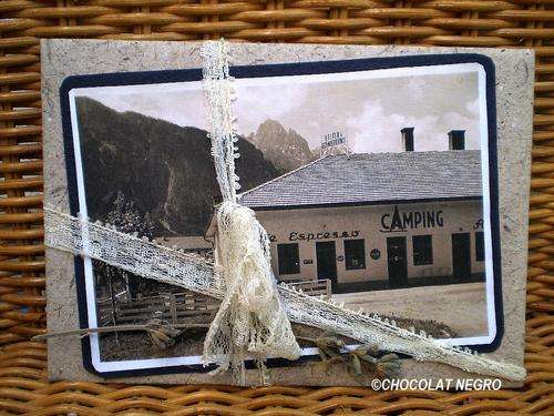 TAKE ME CAMPING HANDMADE GREETING AND ENVELOPE  FROM RECYCLED ORGANIC PAPER WITH VINTAGE PHOTO