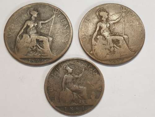 1899 AND 1912 ONE PENNY COINS Plus A 1861 HALF PENNY  Per IMAGES -Bid is for all 3 Coins NO Reserv