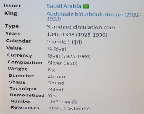 Saudi Arabia 1348 [1930] .830 Silver Quarter Riyal as per images