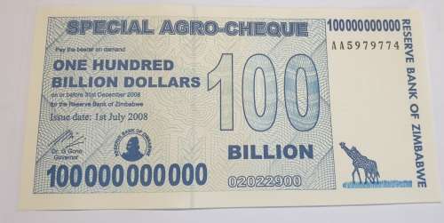 One Hundred Billion Dollars SPECIAL AGRO-CHEQUE AA SERIAL NO. CRISP AS NEW CONDITION