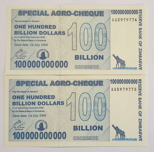 2 X 100 Billion Dollars Special Agro Cheques AA Serial No,s in sequence,Crispy as New!!!!