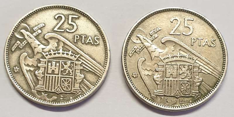 Blank Obverse on one of these 2 Spanish 25 Pesetas -Bid is for both coins !!!