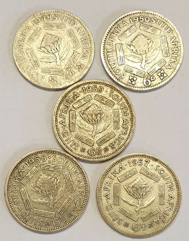 S A Union Silver Sixpence x 5 as per images,Bid is for all 5 coins.