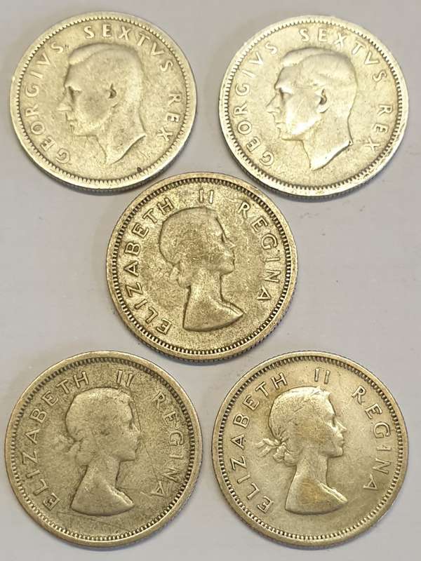 S A Union Silver Sixpence x 5 as per images,Bid is for all 5 coins.