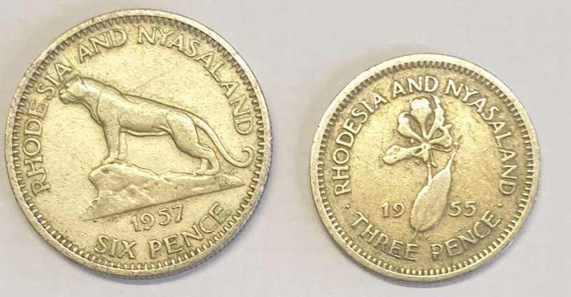 1957 Sixpence and 1955 Threepence Rhodesia and Nyasaland as per images