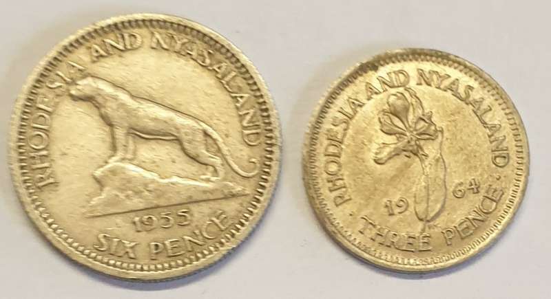 Rhodesia and Nyasaland Pair !!1955 Sixpence and 1964 Threepence as per images!