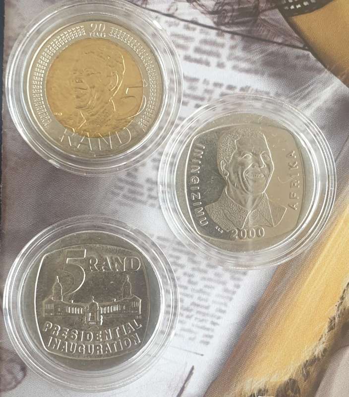#2000 MANDELA SMILEY R5 #1994 INAUGURATION R5  #2008 MANDELA COINS IN CAPSULES  PLUS A MADIBA LEGACY