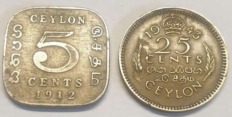 Ceylon 1912 Five Cents and 1943 Twenty Five Cents as per images.Bid is for both coins !!!