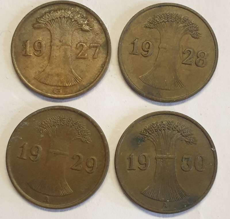 Deutsches Reich 1 Reichspfennig x 4 ## 1927/28/29/30 as per images !!Bid is for the Lot !!!