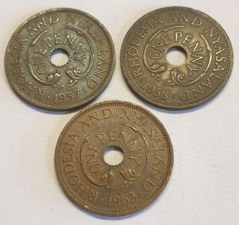 Rhodesia and Nyasaland One Pennies x 3 as per images ! Bid is for the 3 coins #1957/58/63
