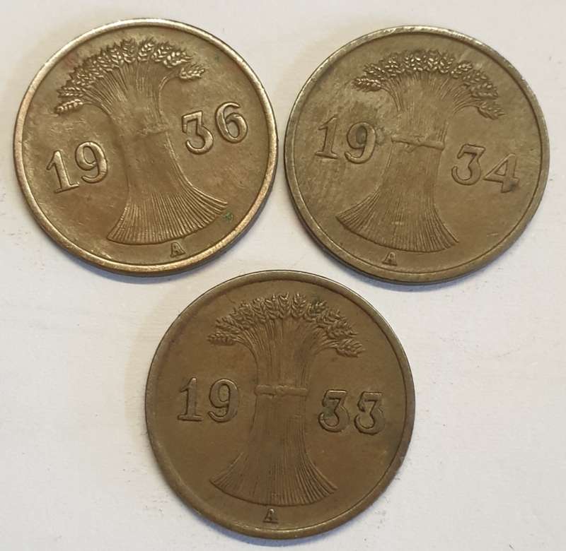 Deutsches Reich 1933/34/36 Reichspfennig as per images ##Bid is for the 3 coins !!!