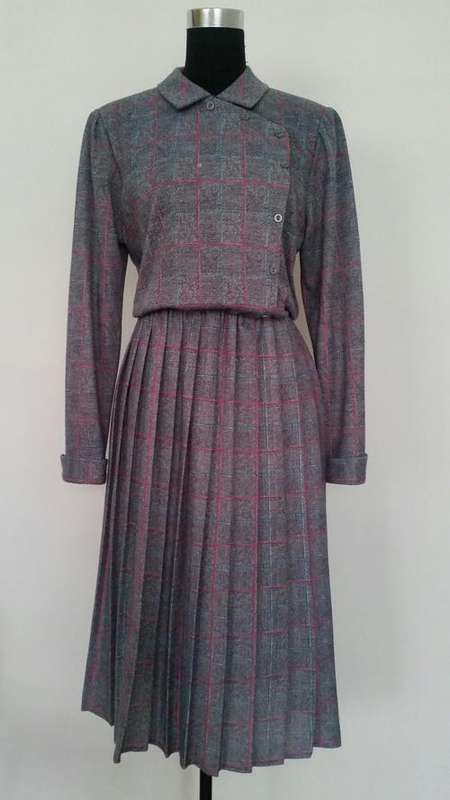 Vintage Grey Checked Winter Dress - Size 18/42