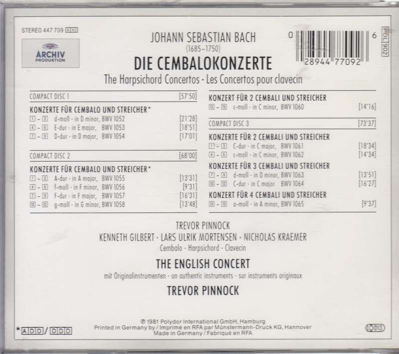 J.S. Bach: Die Cembalo-Konzerte (The Harpsichord Concertos) - The English Concert/ Pinnock 3 Discs