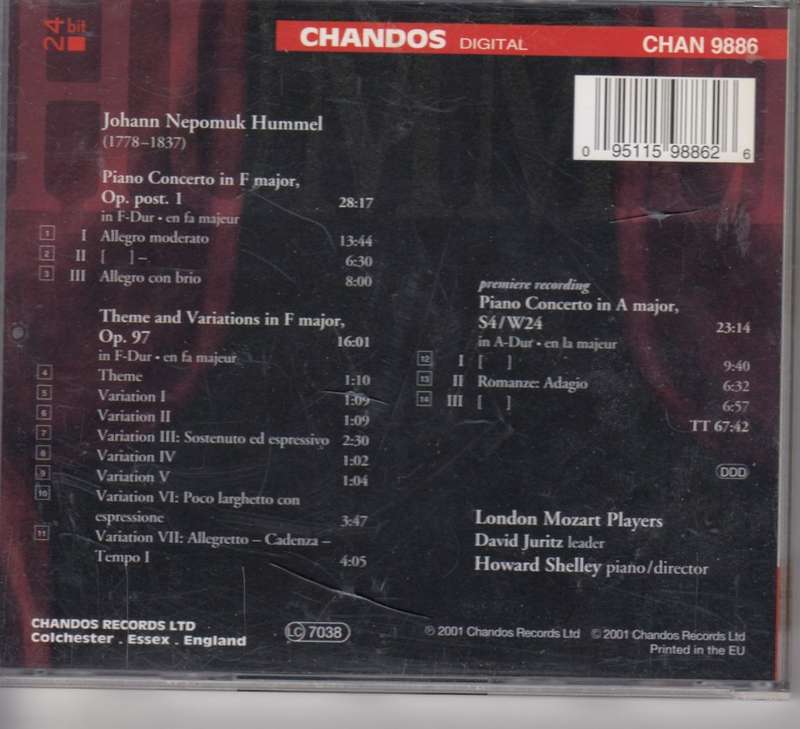 Hummel: Piano Concerto in F major, Piano Concerto in A major, Theme and Variations in F major