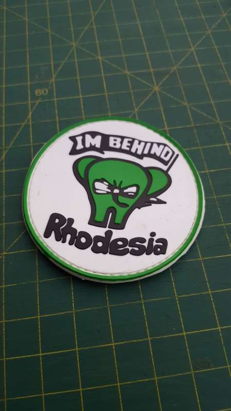 Rhod classic inspired round shape PVC morale patch - Elephant character - "I'm behind Rhodesia"