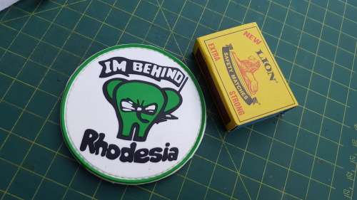 Rhod classic inspired round shape PVC morale patch - Elephant character - "I'm behind Rhodesia"