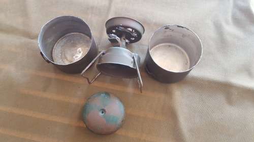 SADF era SA SF Recce used Camping Gaz Bluet 106 Globetrotter stove & 2 pots & empty can hand camo'ed