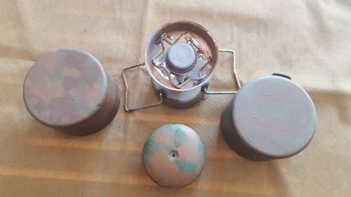 SADF era SA SF Recce used Camping Gaz Bluet 106 Globetrotter stove & 2 pots & empty can hand camo'ed
