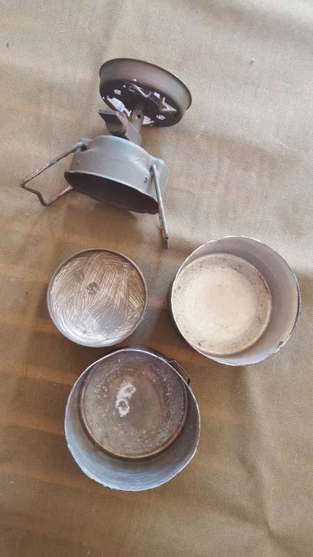 SADF era SA SF Recce used Camping Gaz Bluet 106 Globetrotter stove & 2 pots & empty can hand camo'ed