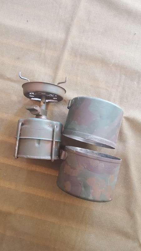 SADF era SA SF Recce used Camping Gaz Bluet 106 Globetrotter stove & 2 pots & empty can hand camo'ed