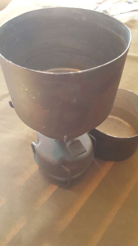 SADF era SA SF Recce used Camping Gaz Bluet 106 Globetrotter stove & 2 pots & empty can hand camo'ed