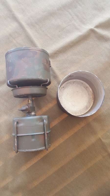SADF era SA SF Recce used Camping Gaz Bluet 106 Globetrotter stove & 2 pots & empty can hand camo'ed