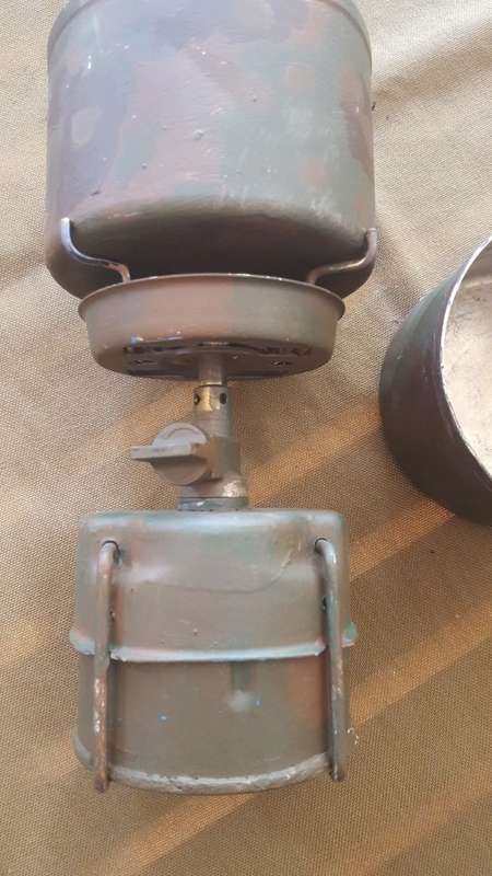 SADF era SA SF Recce used Camping Gaz Bluet 106 Globetrotter stove & 2 pots & empty can hand camo'ed