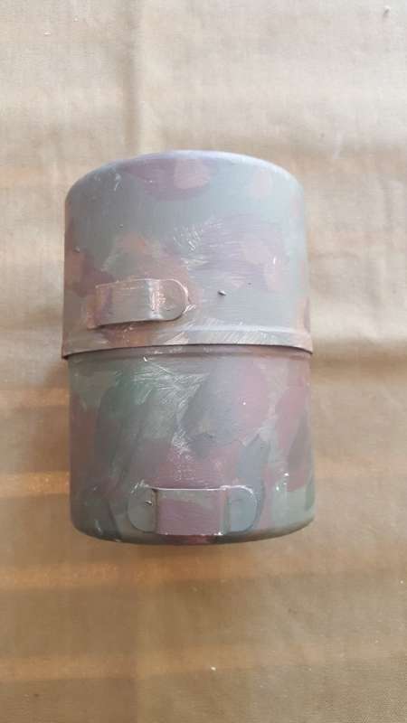 SADF era SA SF Recce used Camping Gaz Bluet 106 Globetrotter stove & 2 pots & empty can hand camo'ed